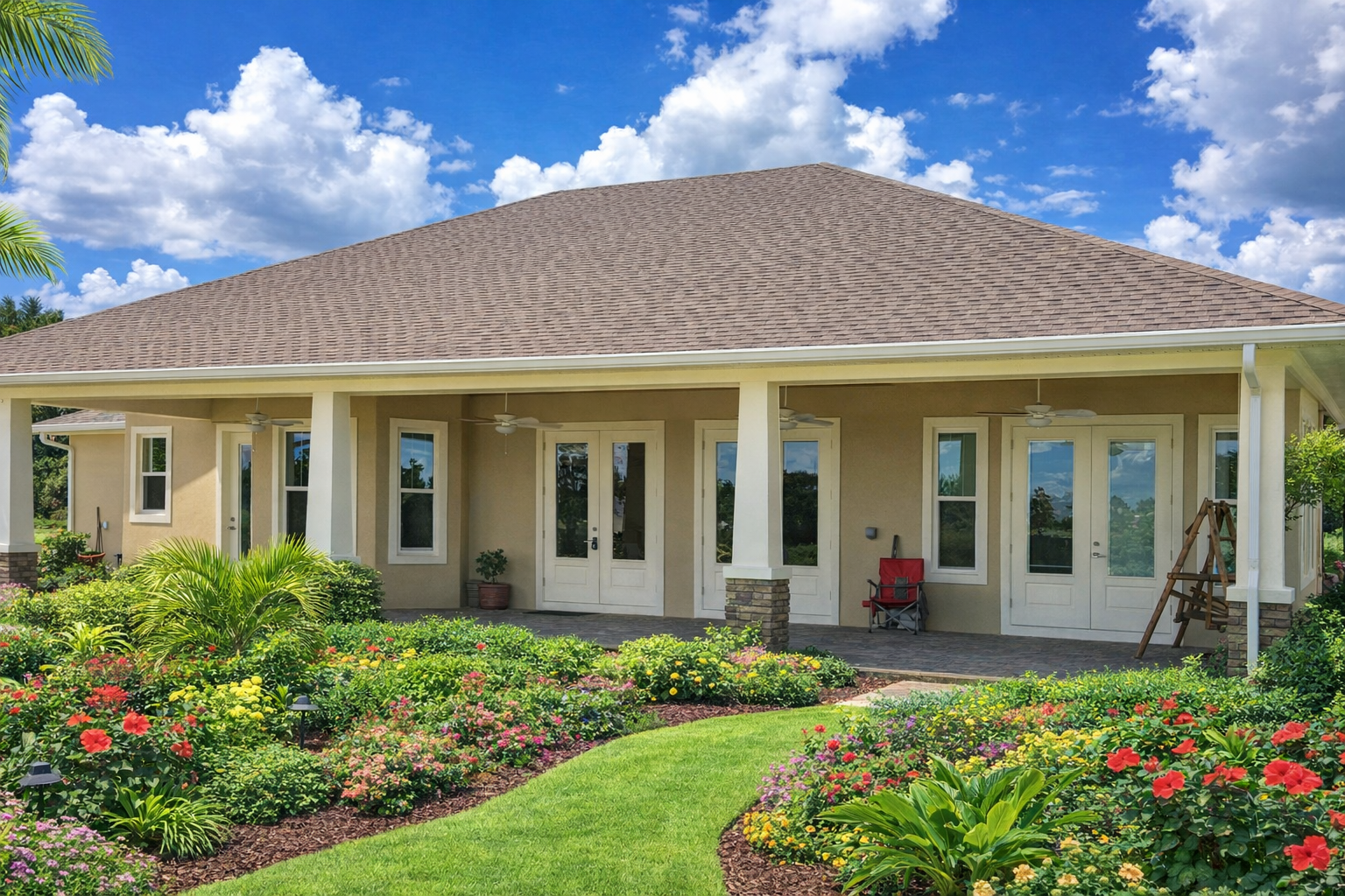 Single-story house with a tan roof, white porch, and colorful flower garden under a blue sky