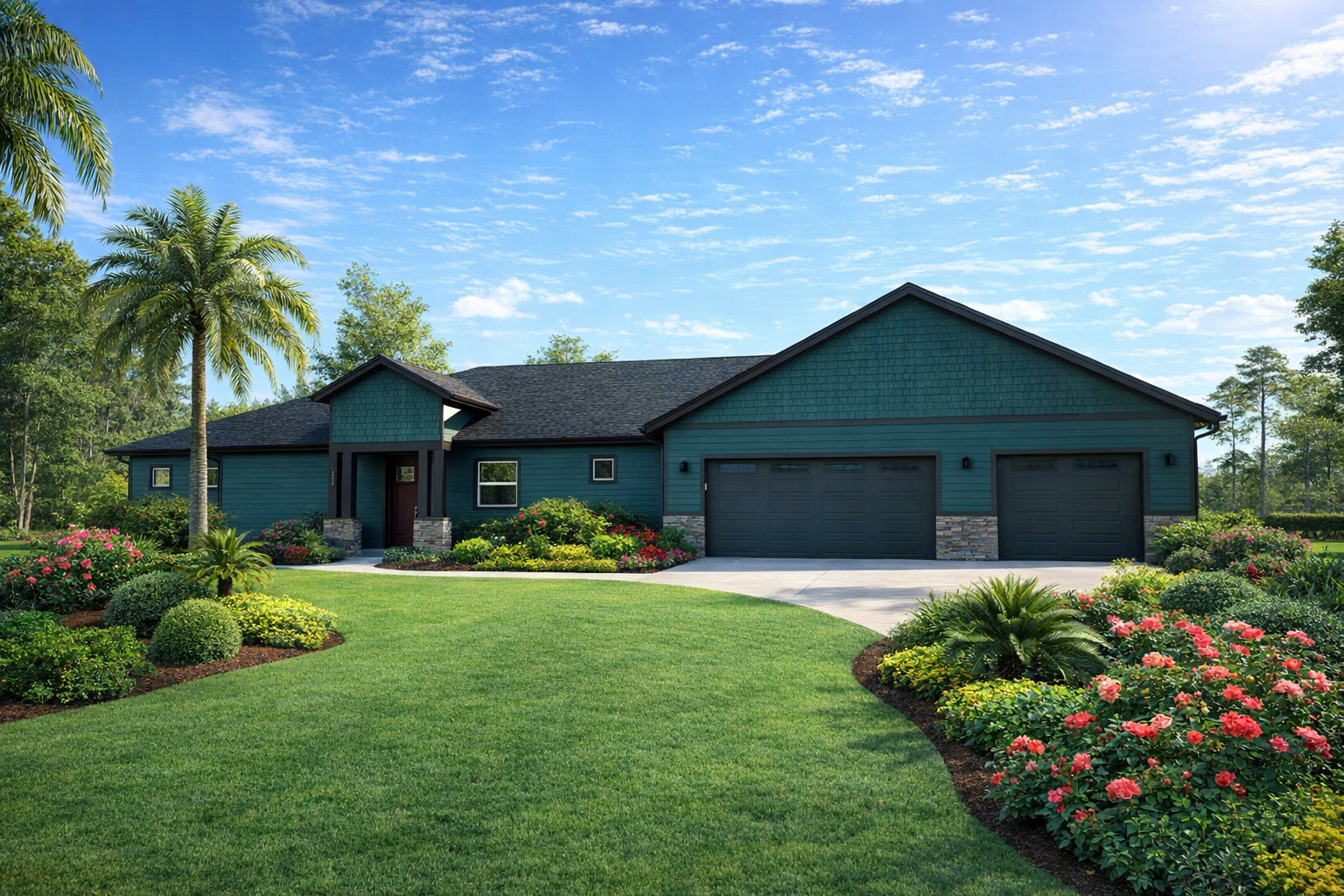 Single-story teal house with two-car garage, manicured lawn, and colorful flower beds under a blue sky