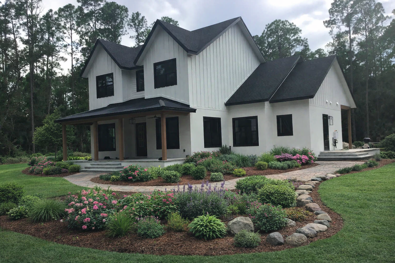 White two-story house with dark roof, front porch, and landscaped flower beds in a green yard