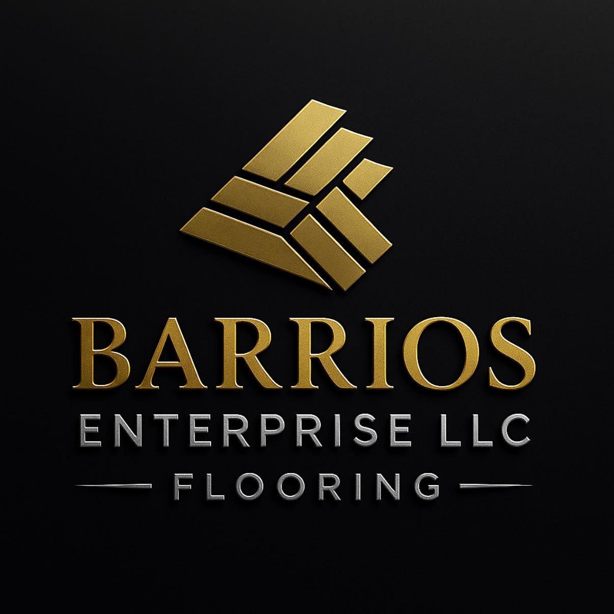 Barrrios Enterprise LLC flooring logo in gold and white on a black background