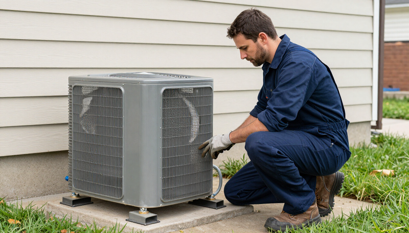 Technician kneeling beside an outdoor air conditioner unit, inspecting it near a house wall.