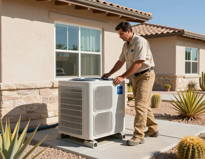 Technician inspecting an outdoor HVAC unit beside a house in a sunny yard
