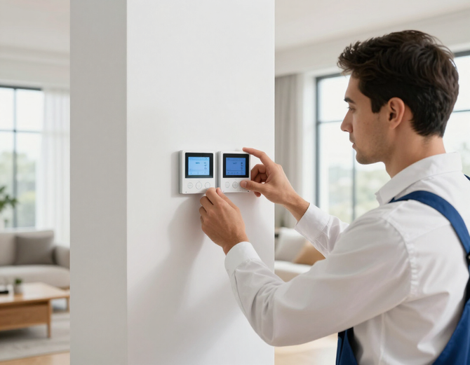 Technician adjusting a wall-mounted smart thermostat in a bright home interior