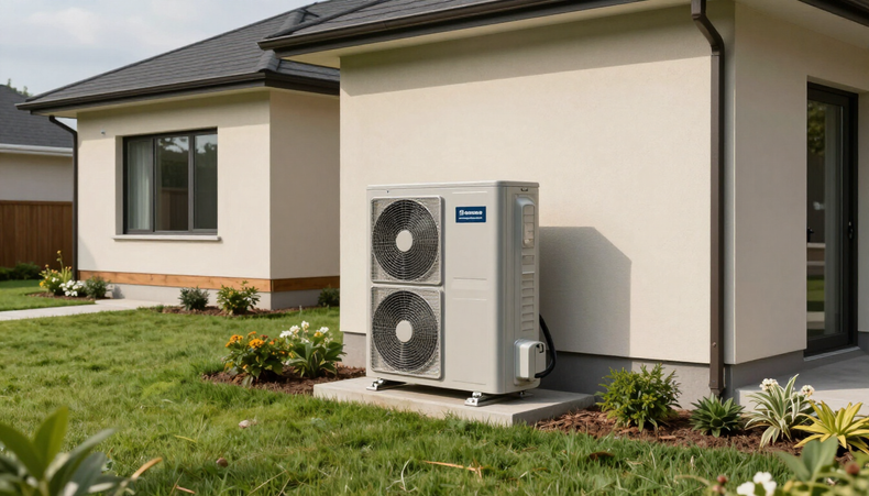 Outdoor heat pump unit beside a modern house with a beige exterior and lawn