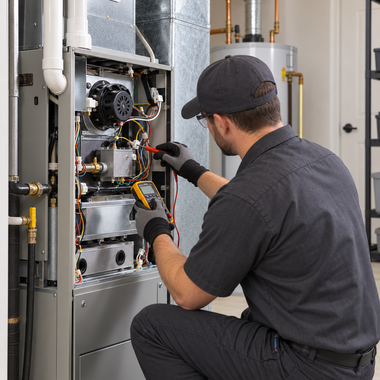 Technician diagnosing a heating system repair