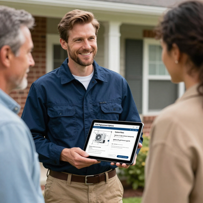 Contractor showing a tablet with a home repair estimate to two homeowners outside a house