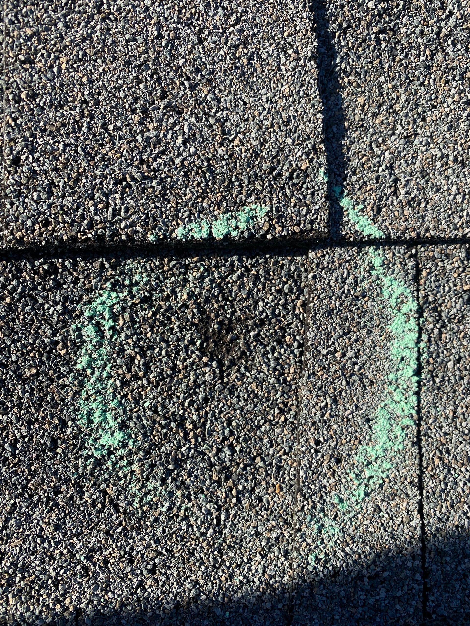 A green chalk circle marked on a textured grey asphalt shingle roof.