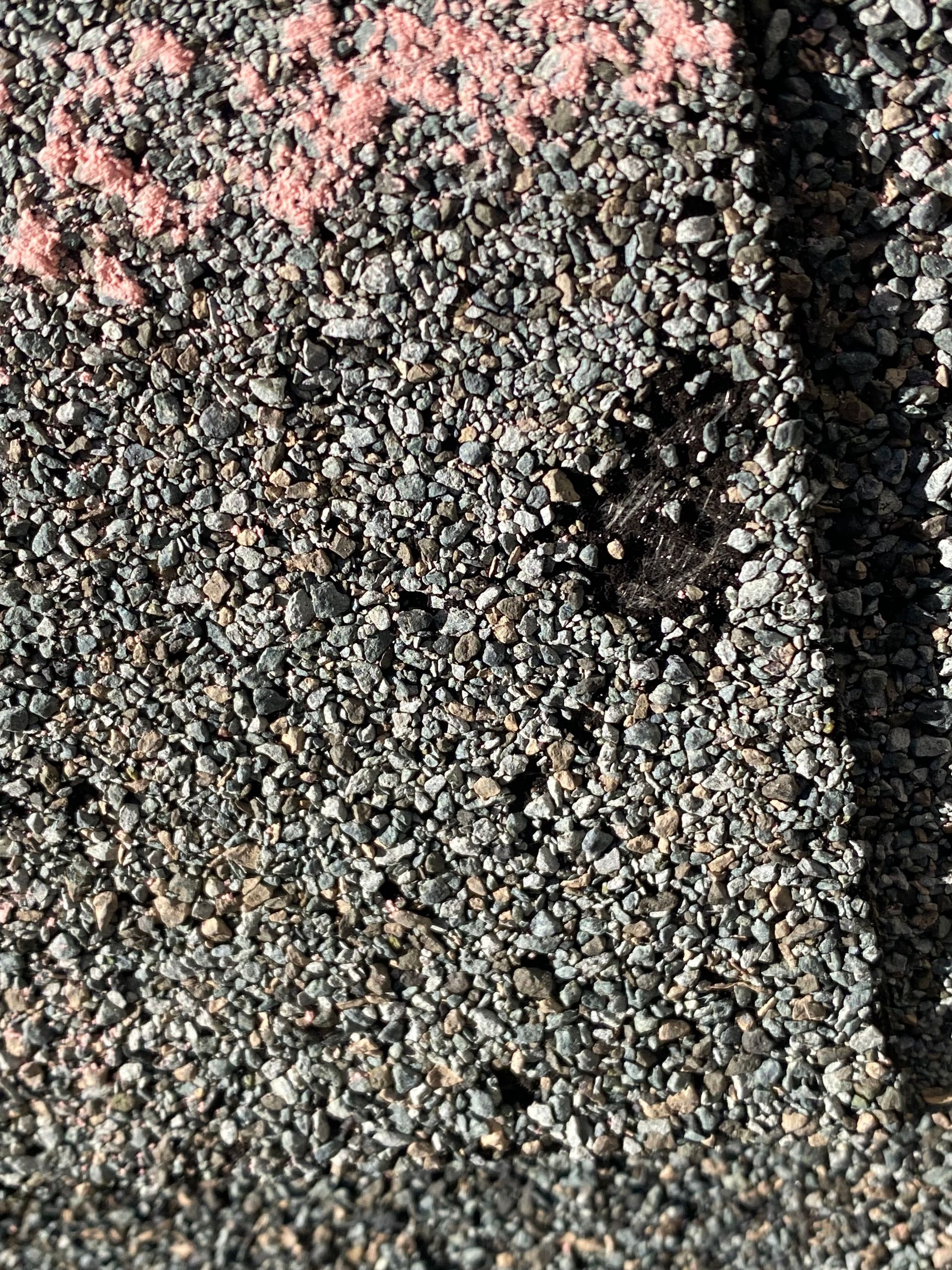 A close-up of dark asphalt roofing shingles with a small patch of missing granules and a faint pink chalk mark.