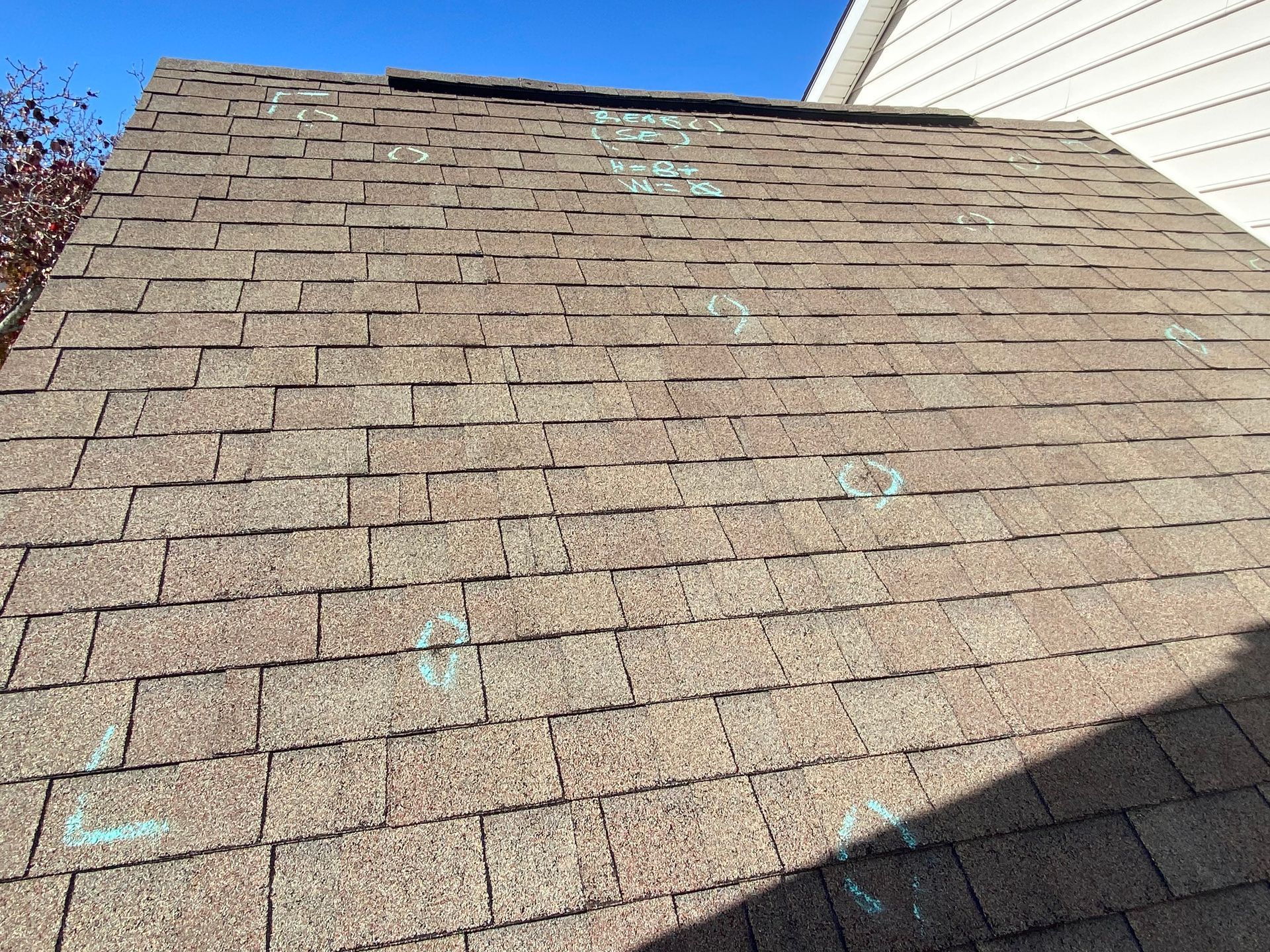 A residential asphalt shingle roof with several areas marked by chalk circles, likely indicating hail damage.
