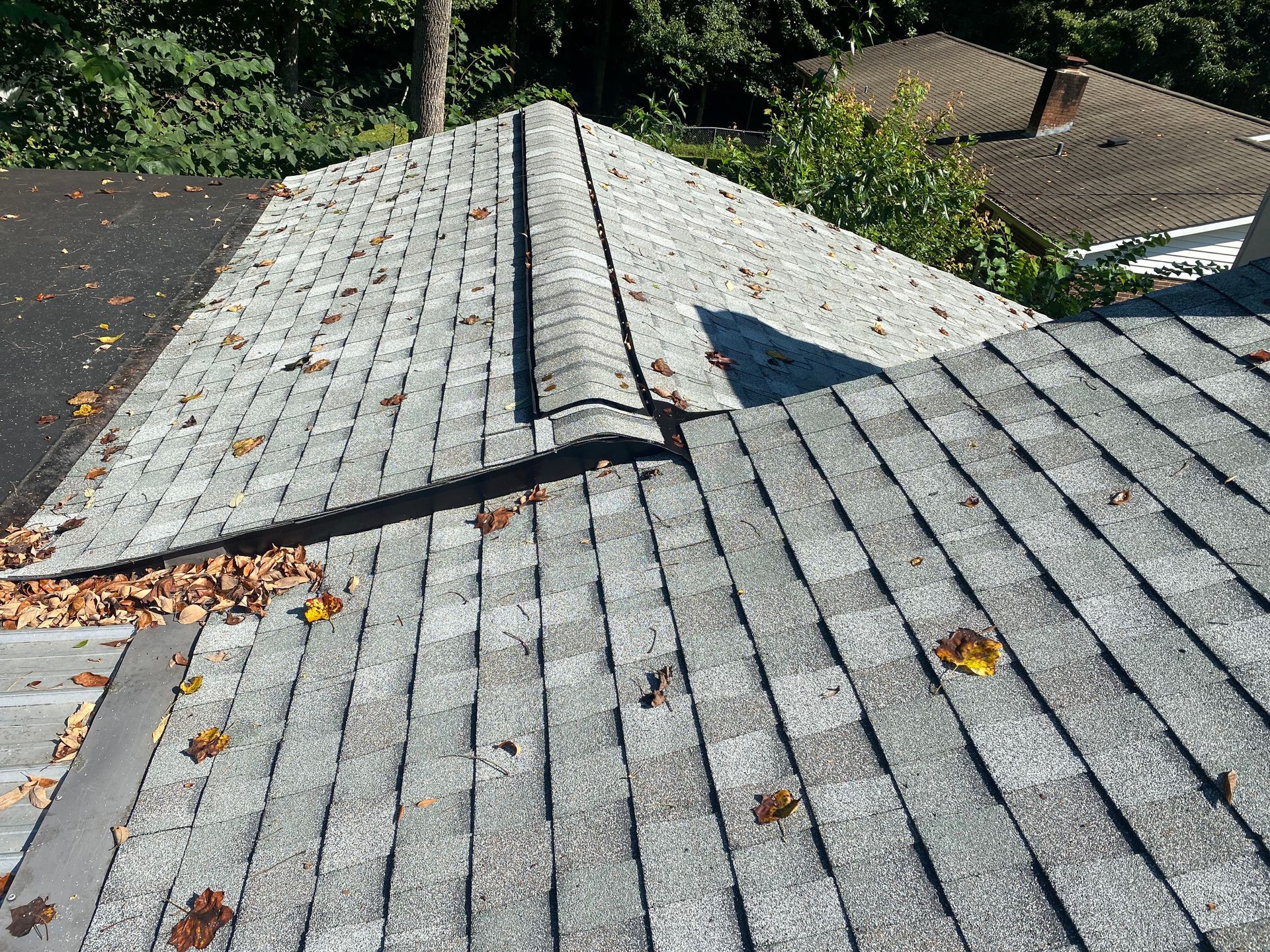 A view of a roof with grey asphalt shingles, a central ridge cap, and accumulated leaves in the roof valley.