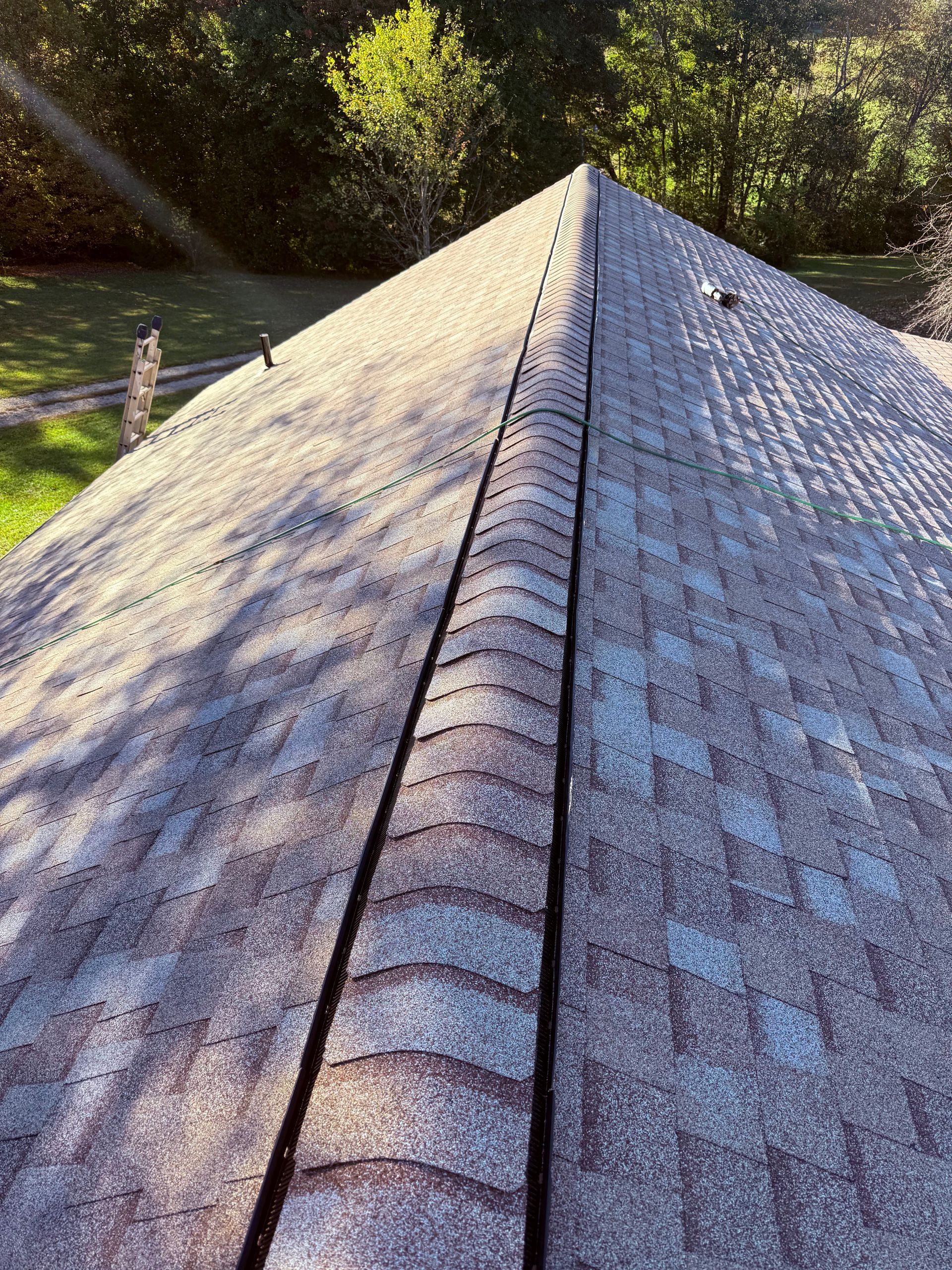A high-angle view of a brown shingled roof ridge with a dark, visible gap along the edge of the shingles.