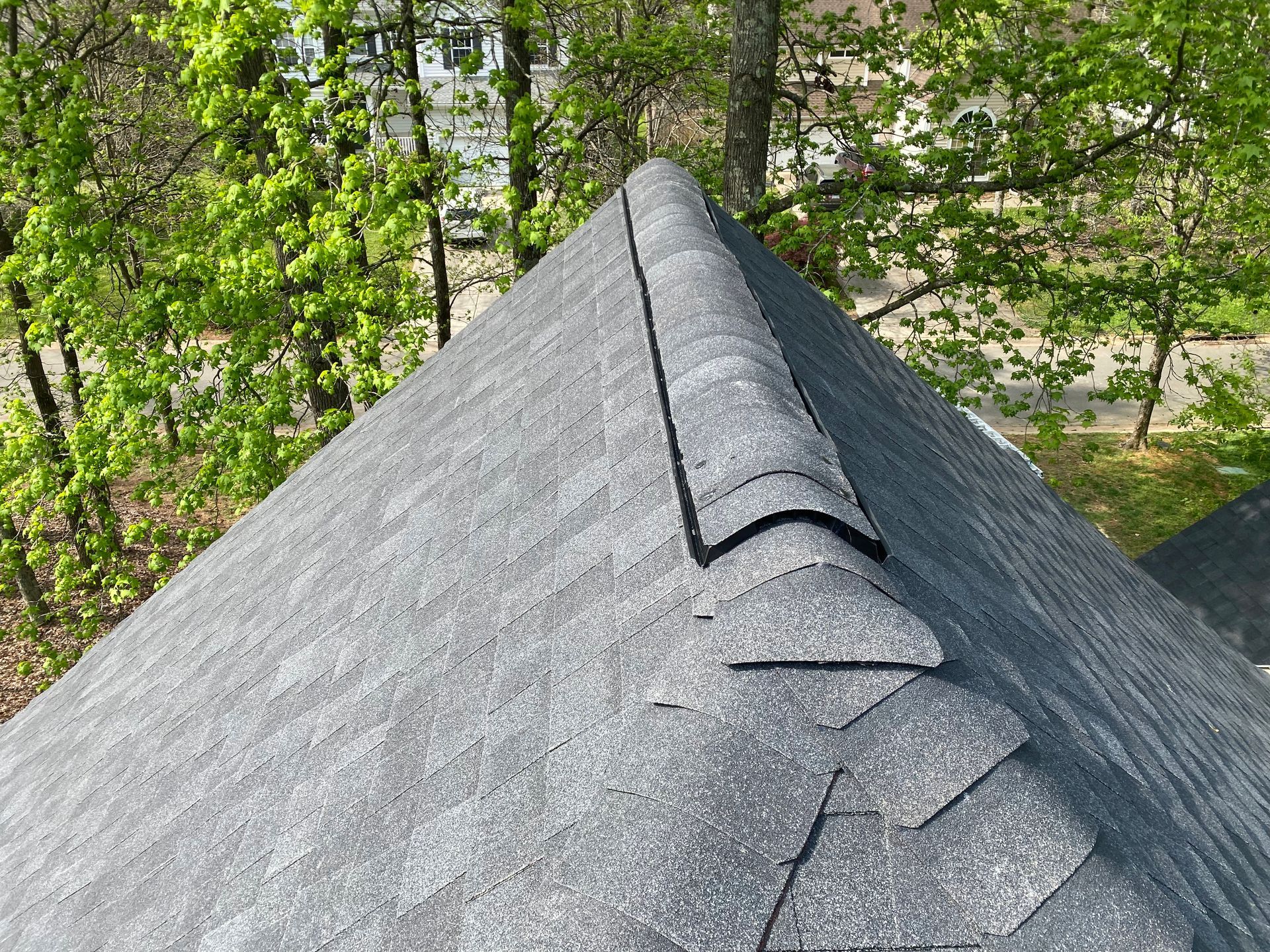 A close-up view of the peak of a grey asphalt shingle roof featuring a ventilated ridge cap against a backdrop of trees.