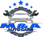 Logo for M & A Auto Care: blue and gray car with wrenches, stars, and text.