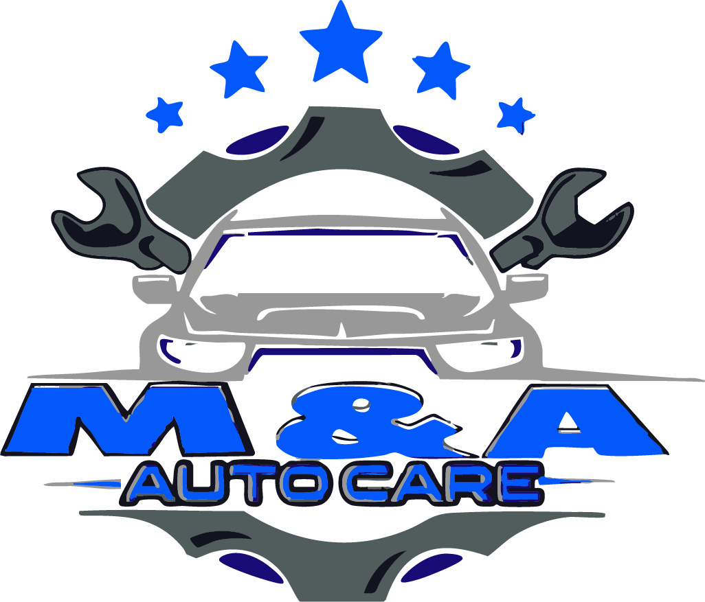 Logo for M & A Auto Care: blue and gray car with wrenches, stars, and text.