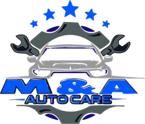 Logo for M & A Auto Care: blue and gray car with wrenches, stars, and text.