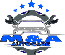 Logo for M & A Auto Care: blue and gray car with wrenches, stars, and text.