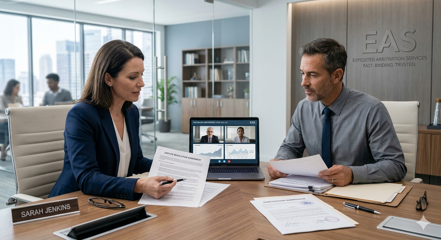 Person using expedited arbitration services to resolve a legal dispute online without going to court