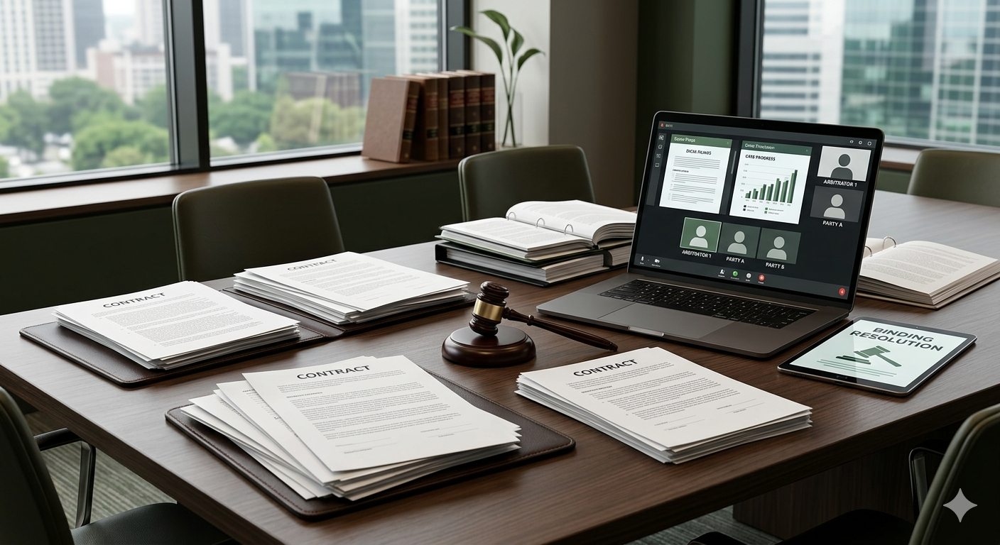 Participants attending an online arbitration hearing with a neutral arbitrator reviewing evidence and dispute claims