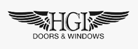 Logo for HGI Doors & Windows, with the letters HGI in large font, with a wing on each side, and the text 