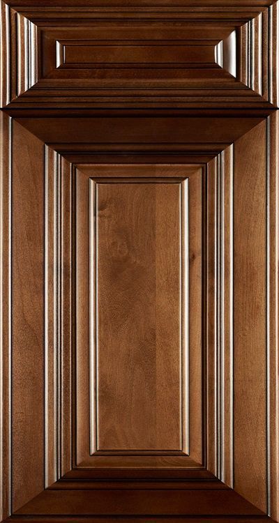 Wooden cabinet door with raised panels and dark trim