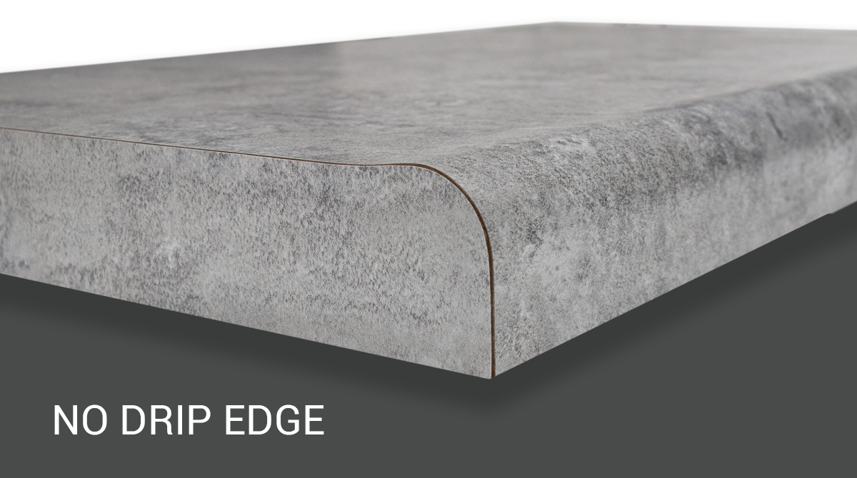 Concrete countertop with rounded no-drip edge, shown in gray with the label “NO DRIP EDGE”