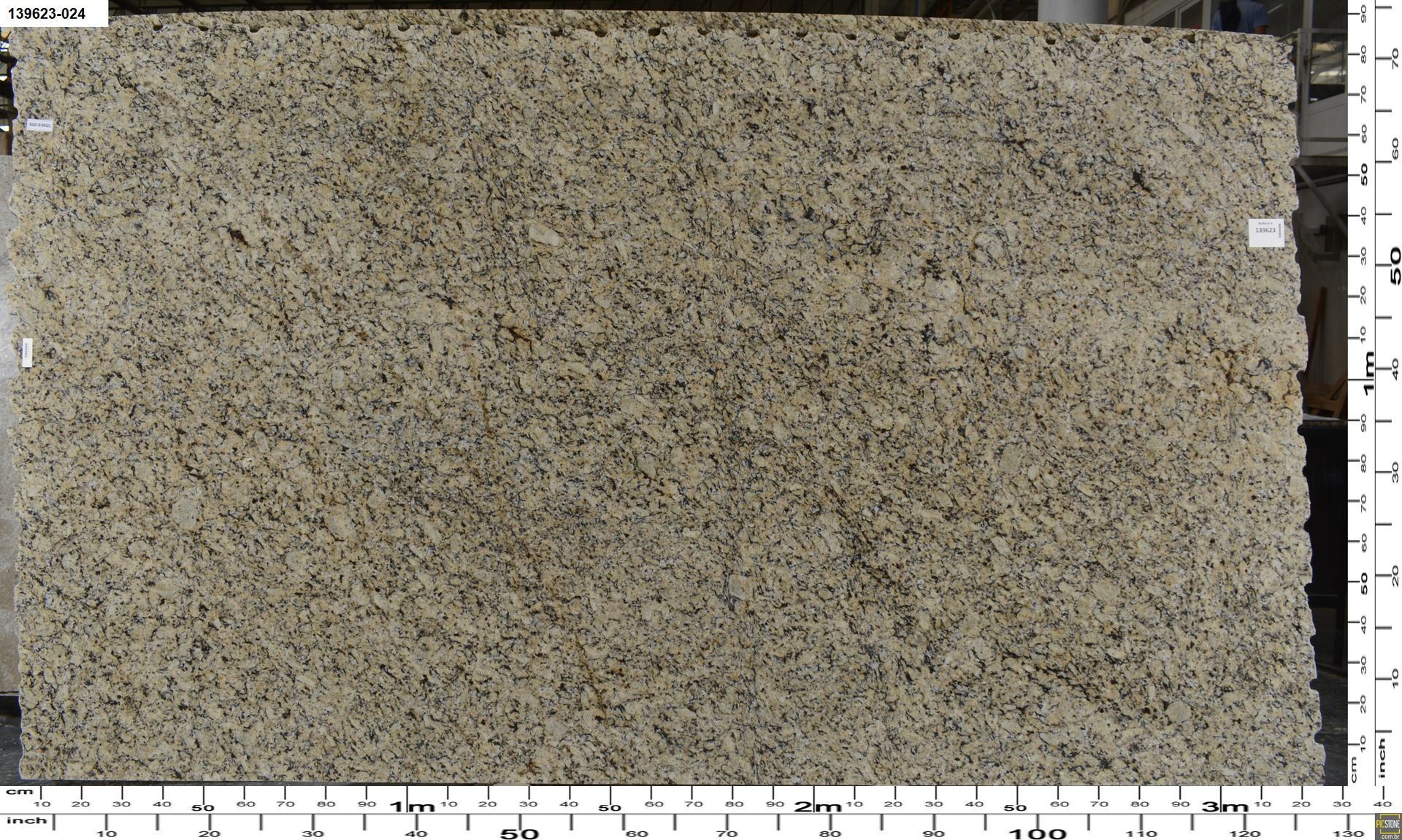 Close-up of a speckled beige-gray stone slab with measurement scales along the edges