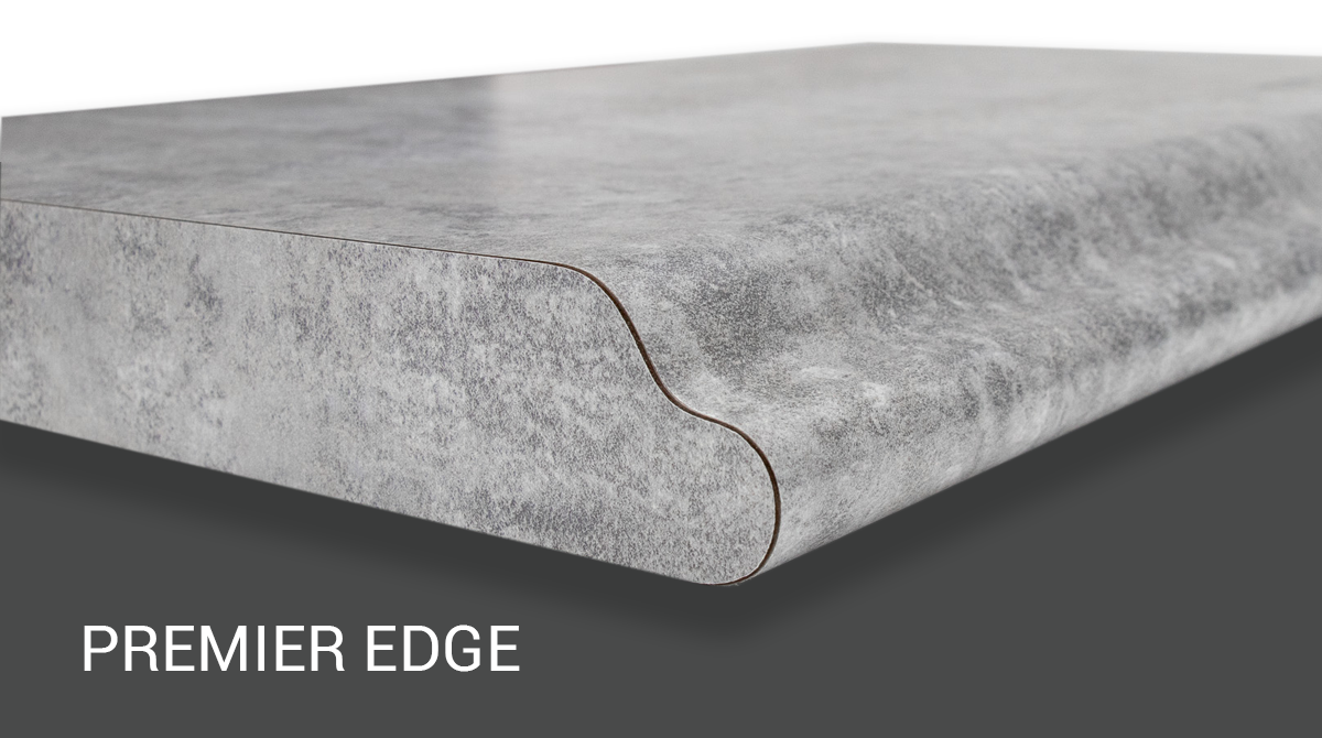 Gray stone countertop corner with rounded “Premier Edge” profile