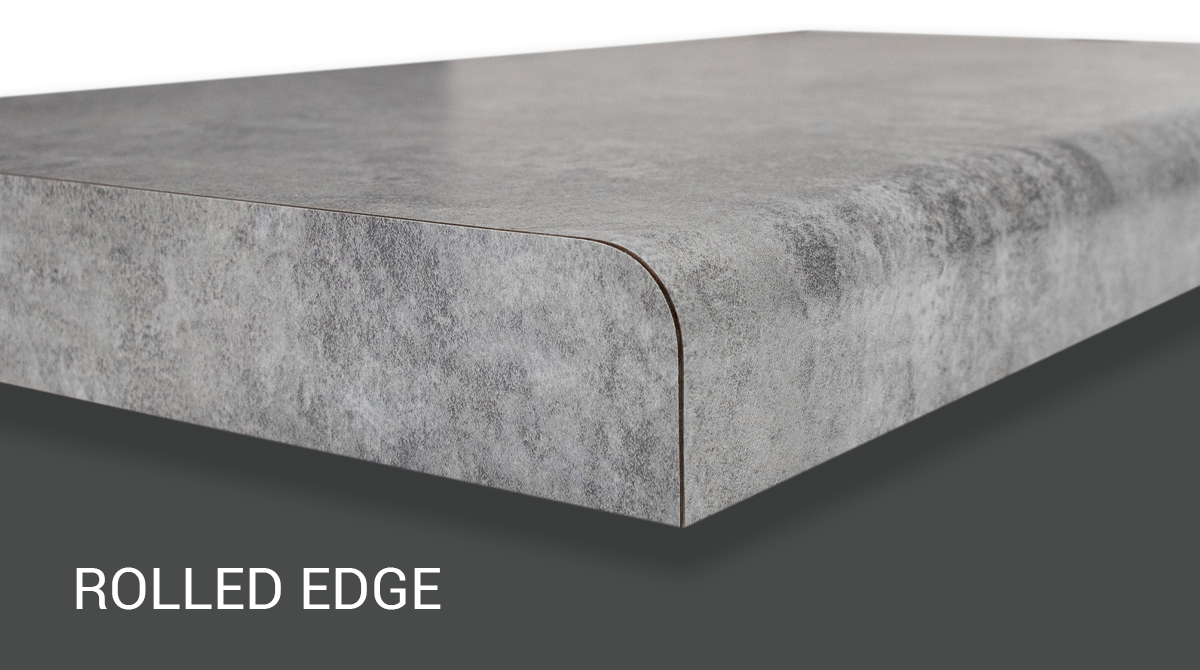 Gray countertop corner with rounded rolled edge, labeled “ROLLED EDGE”