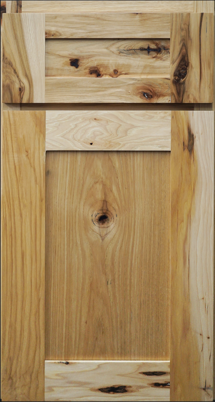 Wooden cabinet door with natural grain and knots, in light and dark brown tones.
