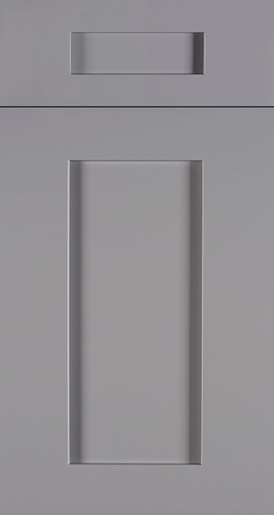 Gray door with a narrow rectangular panel and a larger recessed panel below.