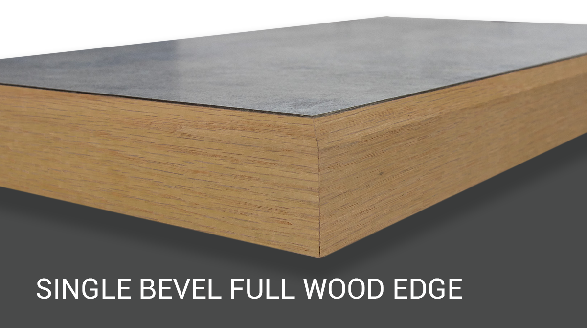 Wood countertop edge with single bevel, dark top and light wood side