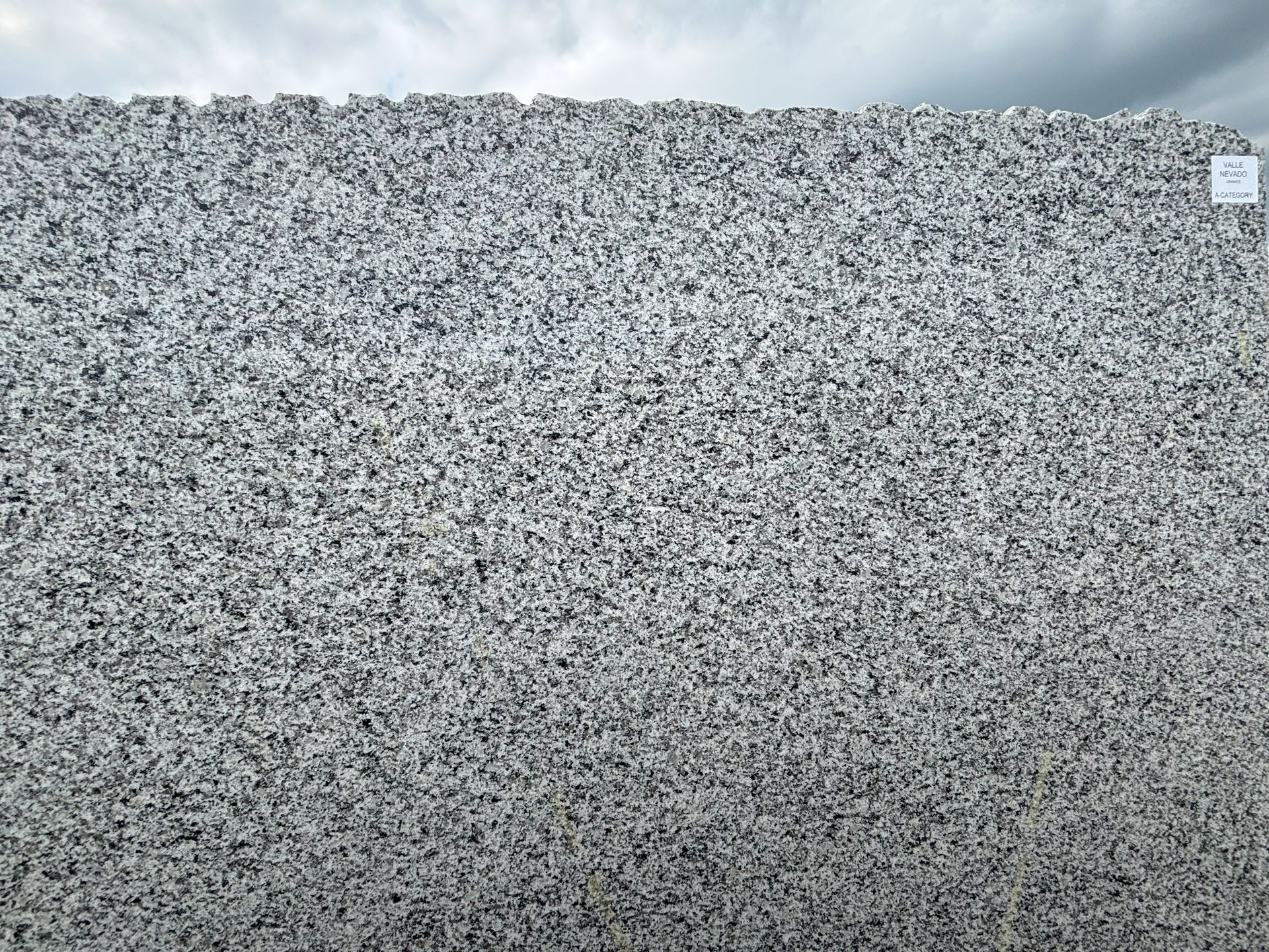 Close-up of a speckled gray granite slab against a cloudy sky