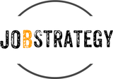 Logo JOBSTRATEGY con testo nero e arancione effetto invecchiato, incorniciato da linee nere curve.