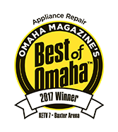 Best of Omaha award for appliance repair, 2017 winner. Black text on yellow circle with a banner.