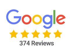 Google logo with five gold stars and 374 Reviews.