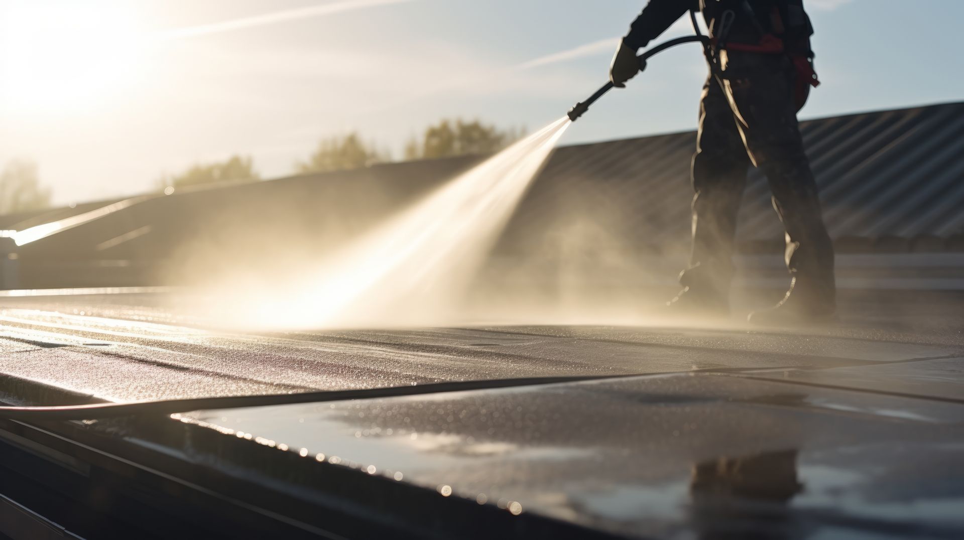 Pressure washer cleaning driveway, showcasing commercial pressure washing on sunny property.