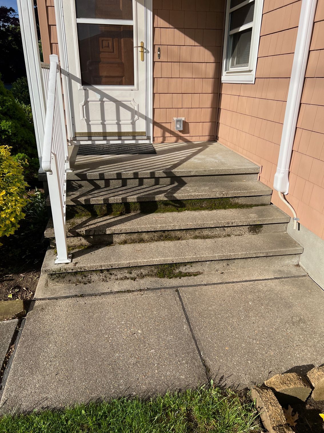 Concrete steps leading up to a front door.  Steps are slightly mossy and have a white railing on the left side.