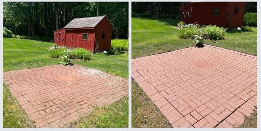 Two images side by side. Red brick patio with a red shed in a grassy yard.