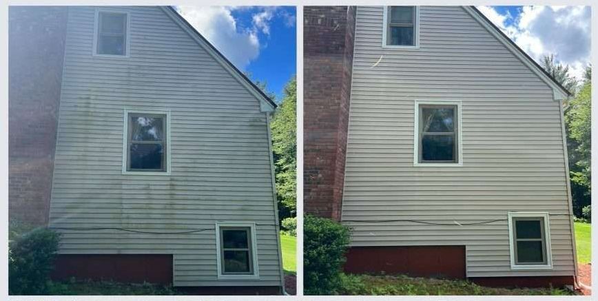 A before and after picture of a house 's siding being cleaned. — Ludlow, Massachusetts — All Blue Pressure Washing