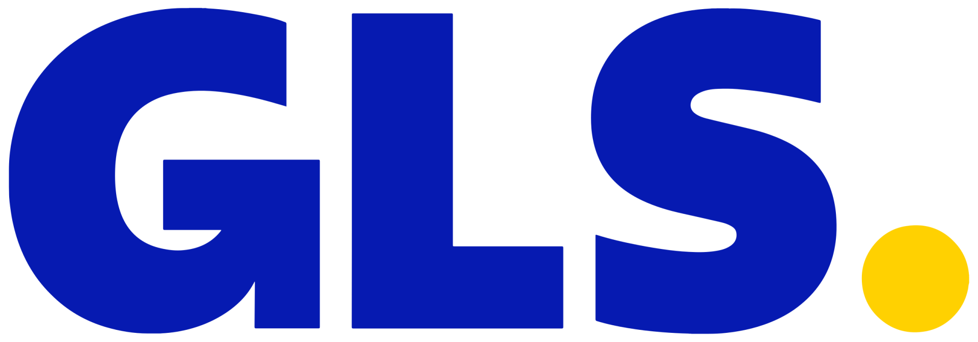 Logo GLS en lettres bleues avec un point jaune.