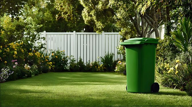 View of a backyard with a white new fence in the background and a green trash bin. View of a backyard with a white new fence in the background and a green trash bin.