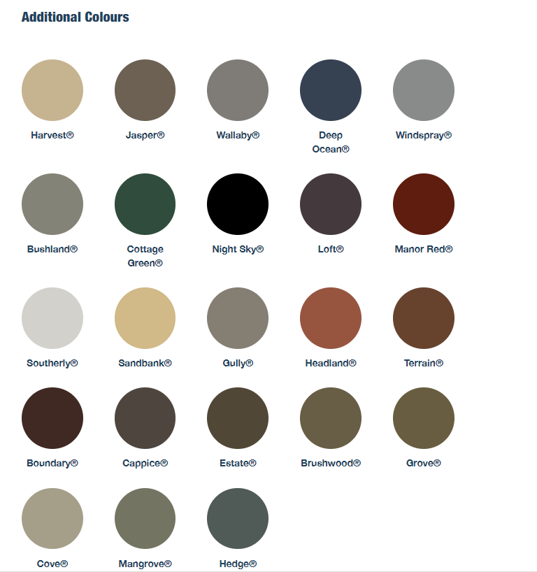 Color palette of 21 circular paint swatches, various shades of beige, brown, gray, green, and blue.
