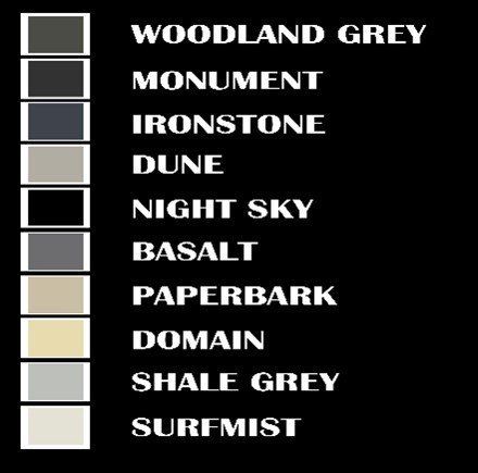 Color swatches labeled Woodland Grey, Monument, Ironstone, Dune, Night Sky, Basalt, Paperbark, Domain, Shale Grey, Surfmist.