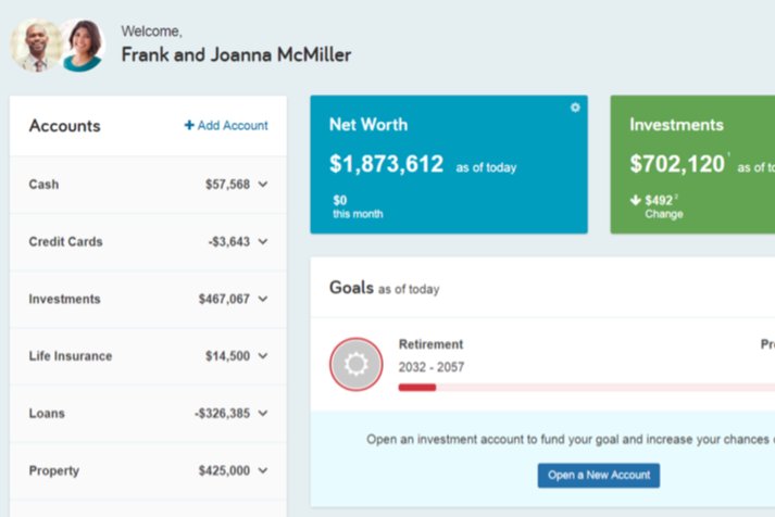A screenshot of frank and joanna mcmiller 's financial dashboard