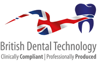 Logo for British Dental Technology: tooth with a blue and white design, connected to a Union Jack flag.