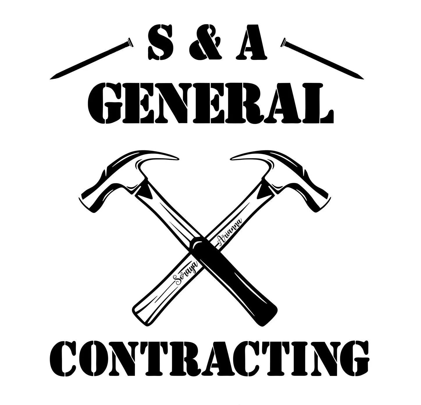 Logo for S&A General Contracting featuring crossed hammers, nails, and text.