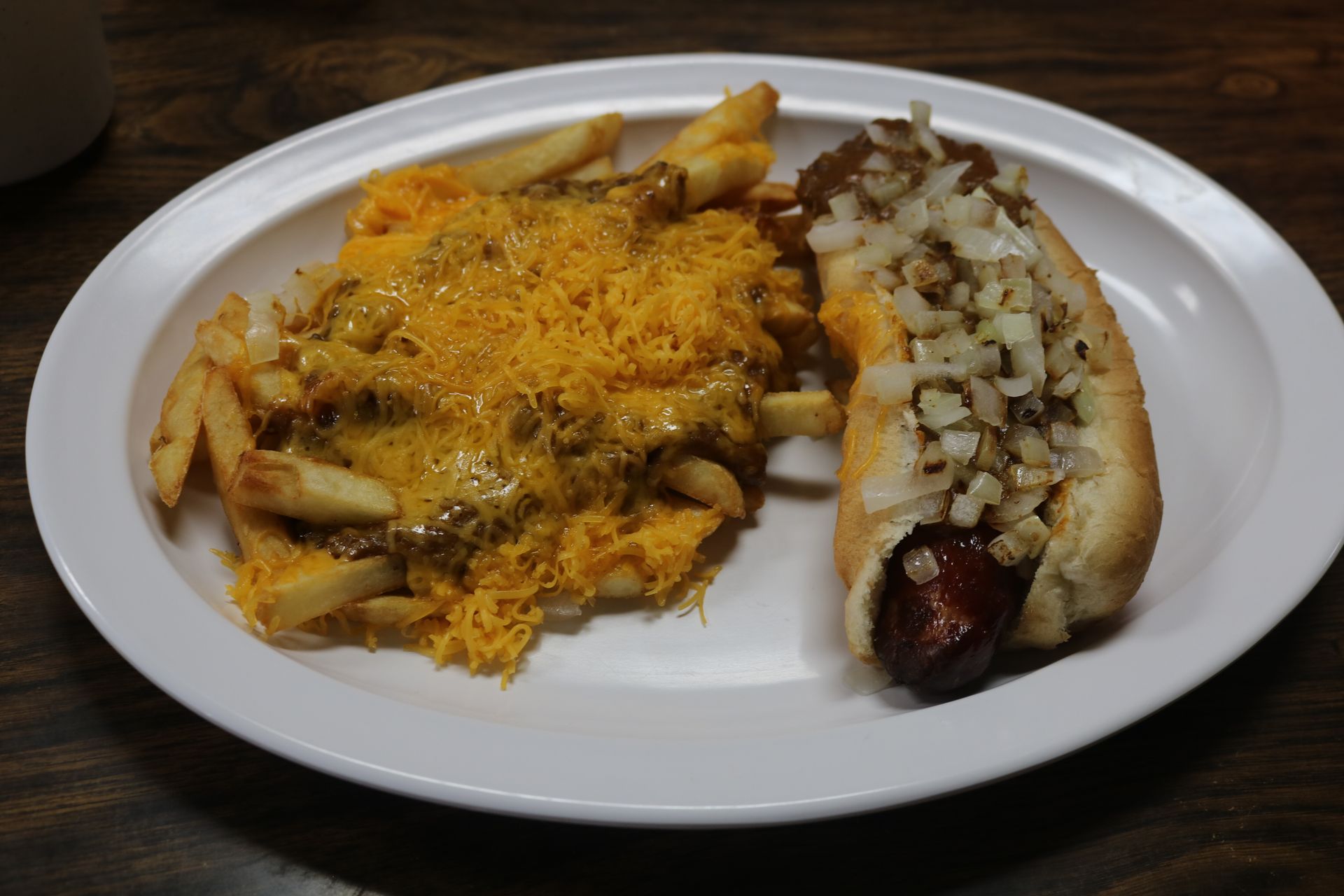 A hot dog and french fries on a white plate