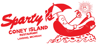 The logo for sparty 's coney island restaurant in lansing michigan