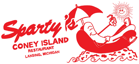 The logo for sparty 's coney island restaurant in lansing michigan