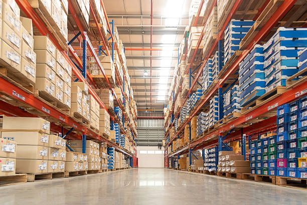 Rows of shelves at storage warehouse